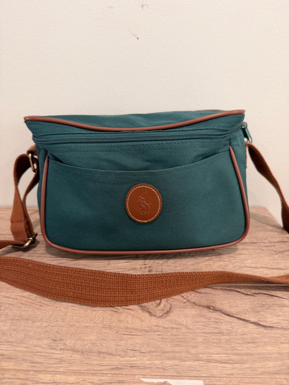 VTG Ralph Lauren Green Brown Trim Canvas Cross body Camera Toiletries Travel Bag